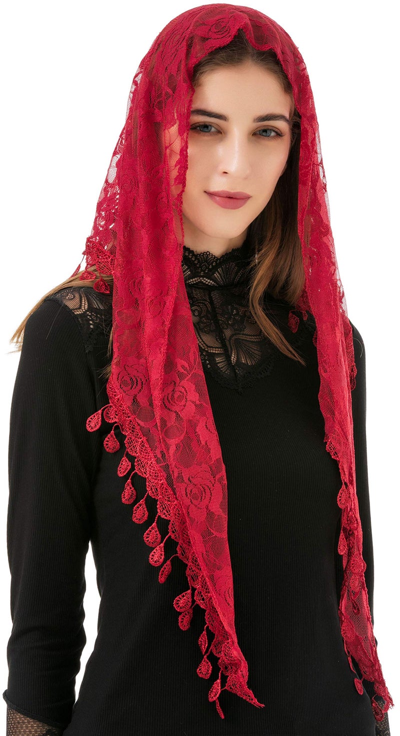 PAMOR Mass Veil Triangle Mantilla Cathedral Head Covering Chapel Veil Lace Shawl Latin Scarf (Maroon) - Image 3